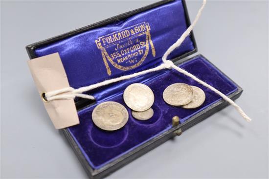 A cased set of Edwardian maundy money, 1902, a Victorian maundy coin and one other